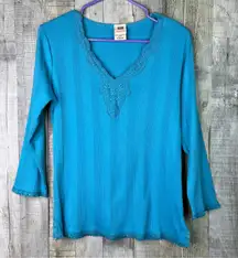 Faded Glory Stretch Medium (8/10) Blue Ribbed Shirt w/Lace 3/4 Sleeves V-Neck