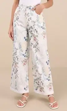 Lulus NWT Garden Cutie Ivory Floral Cotton‎ Twill High Rise Wide Leg Pants XS