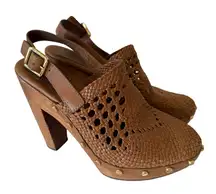 Tory Burch Widdieanne Woven‎ Leather Wood Heel Clog Sandals Women's Size 9
