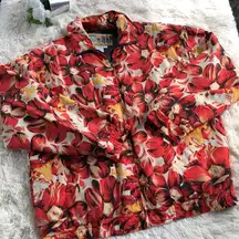 Vintage Red Floral Jacket Silk Full Zip Elegant Bomber