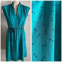 Vintage 70s 80s Teal Comma Print Dress w/ Double Rope Tie Belt quirky unique