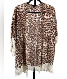 Boho Chic Leopard Print Kimono Cardigan Fringe Tassel Wrap Small Medium Layering