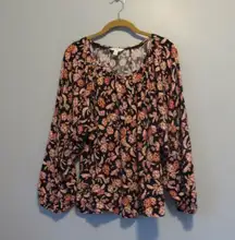 Terra & Sky Black Floral Print Top Orange Brown Maroon Sz 1X Boho Blouse