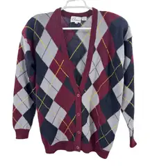 Bechamel Burgundy Argyle Cardigan Sweater lambs wool blend vintage preppy M