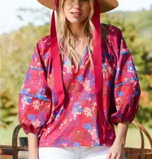 Tyler Boe Molly Blouse 3/4 Sleeve Split Neck Floral Cotton Top - Sz XS 💚🎀