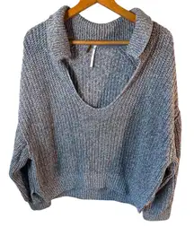 Free People Womens Size Large Love This City Blue Knit Collared Sweater Bohemian