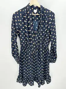 Pleione Dress Women SMALL Navy Blue Cream Polka Dot Print Long Sleeve