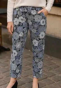 Talbots Stretch Blue Black White Floral Ankle Pants 14‎ Cotton Spandex Blend