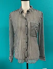 ZARA  trafaluc sheer long sleeve black and white striped button down top