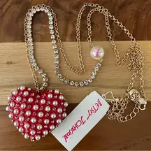 New Betsey Johnson XOXO Pearly Red Heart Long Crystal Gold Tone Necklace