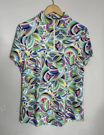 IBKUL Women's L Short Sleeve 1/4 Zip Shirt Top UPF 50 Pullover Retro Print Golf