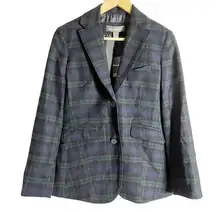 Eddie Bauer Navy Blue Green Wool Blend Plaid Blazer Jacket Women’s 4 Petite