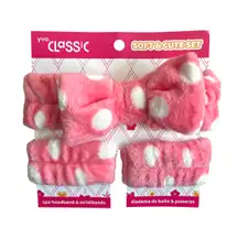 Yvo Classic Spa Headband Wristbands Set Soft Cute Pink White Polka Dot