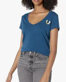 True Religion V-Neck Logo Tee T-Shirt Poseidon Silver Sz L Women's Retails $59#‎