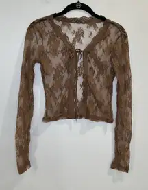 Y2K Top Chocolate Brown‎ Lace Tie Up Cardigan/Bolero Unbranded See Through Lace