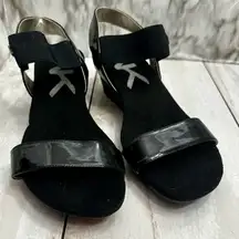 Anne Klein Sport Black Patent Strappy Sandals Wedge Heels Shoes Summer Vacation