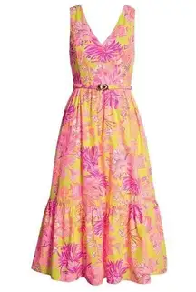 Lilly Pulitzer NWT  Bri in Calla Yellow Floral Coral V-neck Cotton Midi Dress 16