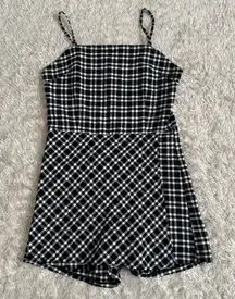 Justify Black and White Plaid Spaghetti Strap Mini Dress Romper Built in Shorts
