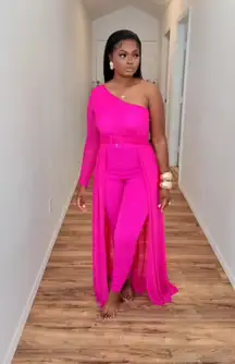 Women’s One-Shoulder Long Sleeve Pink Dress w/ Pants Jumpsuit SZ L