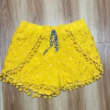 Yellow Lace Pom-Pom Women Shorts