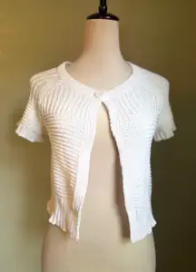 Dainty White Knit Cropped Cardigan Short Sleeve button Small coquette whimsi Y2k