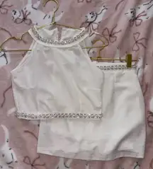 White rhinestone and pearl detailing two piece elegant top and mini skirt set size XS
