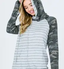 Long Sleeve Raglan Double Hoodie Top  Camo & Grey Stripes Small