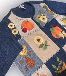 Vintage Fall Autumn Thanksgiving Blue Patchwork Embroidered Knit Zip Sweater 1X