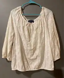 Jones New York White Lace Scoop Neck Elastic Waist Long Sleeve Size Large