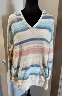 North‎ River Colorful Knit Cotton Blend V-Neck Hoodie Sweater Striped Pastel L