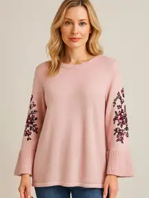 Susan Graver Pink Embroidered Bell Sleeve Knit Sweater XL Cottage Feminine