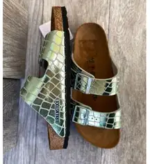 Birkenstock Arizona Women’s Sandals 9 Metallic Green Croc Print Slip-On Slides