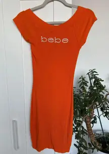 Bebe Logo Y2K Short Sleeve Logo Dress with Lace Up Back, XS, Dragon Fire Orange