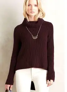 Anthropologie MOTH High Low Turtleneck Sweater Chunky Thick Knit Burgundy