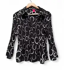 Vintage Sunny Leigh Black White Geometric Stretchy Flare Button Up Blouse Large