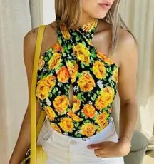 Zara Floral Sleeveless Halter Bodysuit Top Black & Yellow S