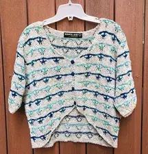 Handknit cotton blend button up pullover sweater