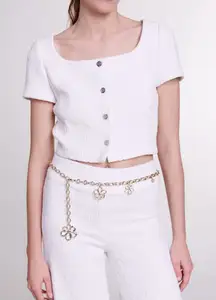 Maje Tweed Cropped Button Up Short sleeve Top Ecru White