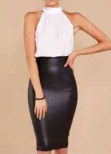 Spanx Faux Leather Pencil Skirt Very Black High-Waist Shiny Stretchy Edgy Midi