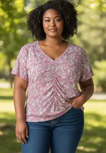 Pink Floral Ruched V-Neck Short Sleeve Top – Women’s Size XL – Soft Stretchy Knit