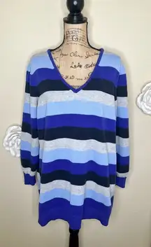 NTM: Lane Bryant V Neck Blue Multicolored Striped Tunic Style Sweater Size 22/24
