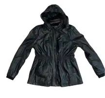 Cavalini Black Vegan Leather Faux Fur Lined Fitted Coat Size 3X Removable Hood