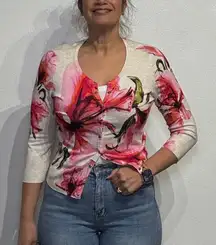 White House Black Market White Floral Cardigan Sz M