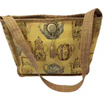 Handmade Vintage Tapestry Tote Bag Teapot Motif Fabric Gold Purse w Tassel