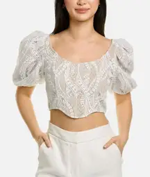 Saylor Jenni Top Blouse Cropped White Beige Lace Zip Puff‎ Sleeve M Retail $253