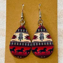Southwestern, Horse, Dream Catcher, Teardrop Dangle Pierced Earrings