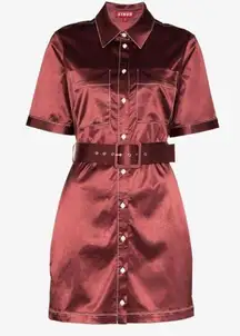 NEW Staud Bentley Belted Satin Shirt Dress Tawny Port