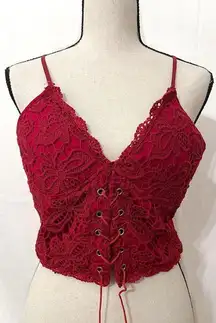 Red Lace Corset Crop Top – Zipper Back, Faux Leather Tie