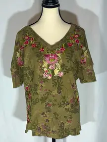 Sundance • Asymmetrical Army Green Pink Embroidered Flowers Rugged Size XS