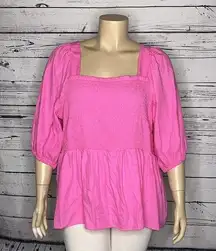 Ava & Viv NWT Size 3X Hot Pink Smock Elastic Tie Back Peasant Shirt Top